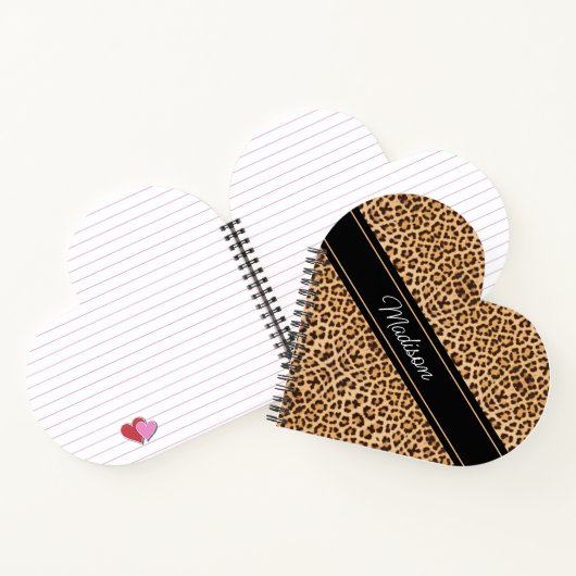 Leopard Print Script Monogram Name Herz geformt Notizblock (Innenseite)