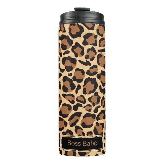 Leopard Print Seamless Muster Individuelle Name Thermosbecher (Vorderseite)