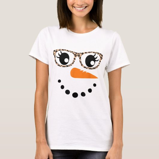 Leopard Print Snowman Face Design T-Shirt (Vorderseite)