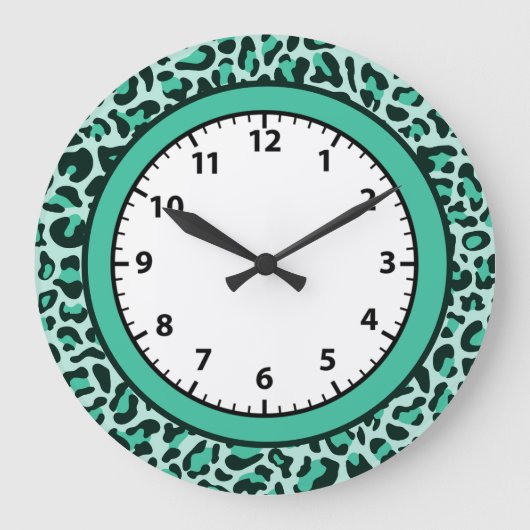 Leopard Print Teal Cheetah Trendy Leopard Clock Große Wanduhr (Vorderseite)