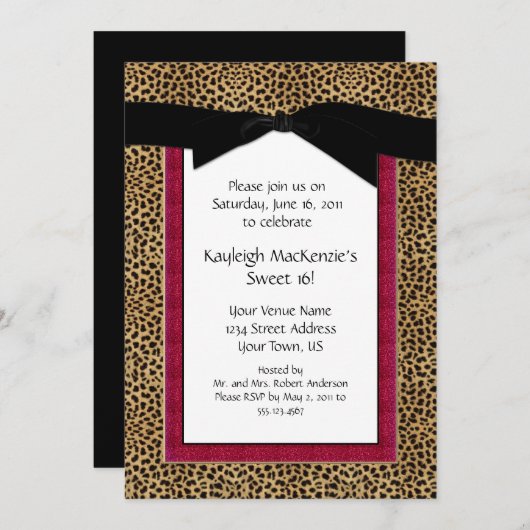Leopard Print und Rosa Sweet 16 Einladung (Vorne/Hinten)