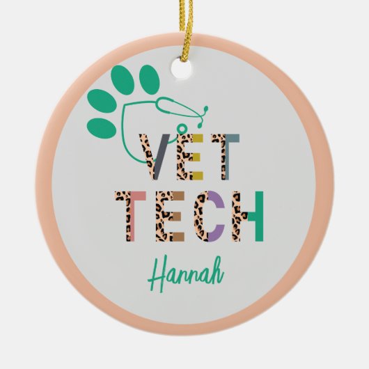 Leopard Print Vet Tech Stethoskop mit Name Keramik Ornament (Vorne)