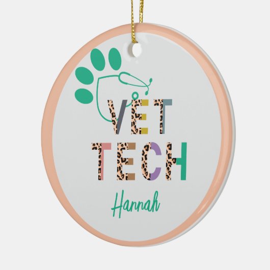 Leopard Print Vet Tech Stethoskop mit Name Keramik Ornament (Links)