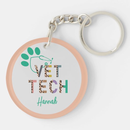 Leopard Print Vet Tech Stethoskop mit Name Schlüsselanhänger (Rückseite)