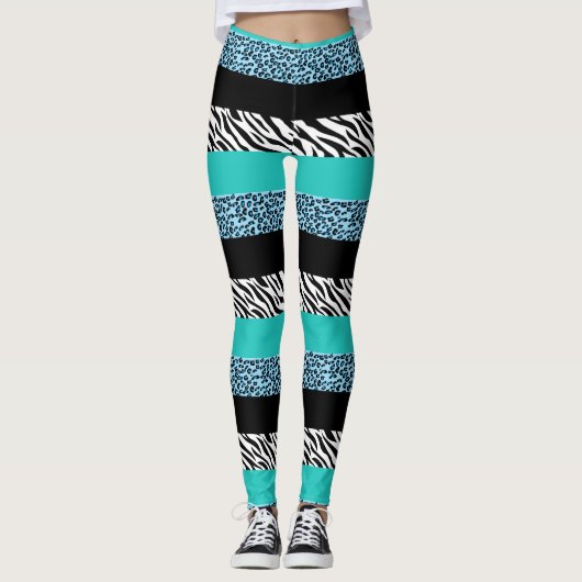 Leopard Print, Zebra Print, Animal Print, Blue Leggings (Vorderseite)