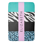 Leopard Print, Zebra Print, Blau, Ihr Name Badematte (Vorderseite Vertikal)