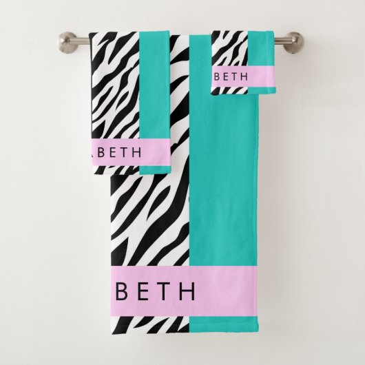 Leopard Print, Zebra Print, Blau, Ihr Name Badhandtuch Set (Insitu)