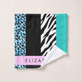 Leopard Print, Zebra Print, Blau, Ihr Name Badhandtuch Set (Waschlappen)