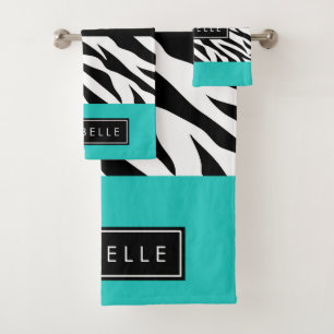 Leopard Print, Zebra Print, Blau, Ihr Name Badhandtuch Set