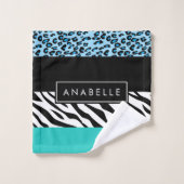 Leopard Print, Zebra Print, Blau, Ihr Name Badhandtuch Set (Waschlappen)