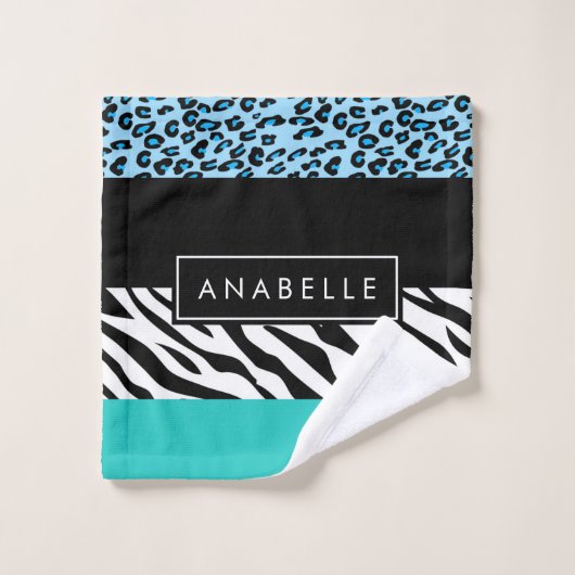 Leopard Print, Zebra Print, Blau, Ihr Name Badhandtuch Set (Waschlappen)