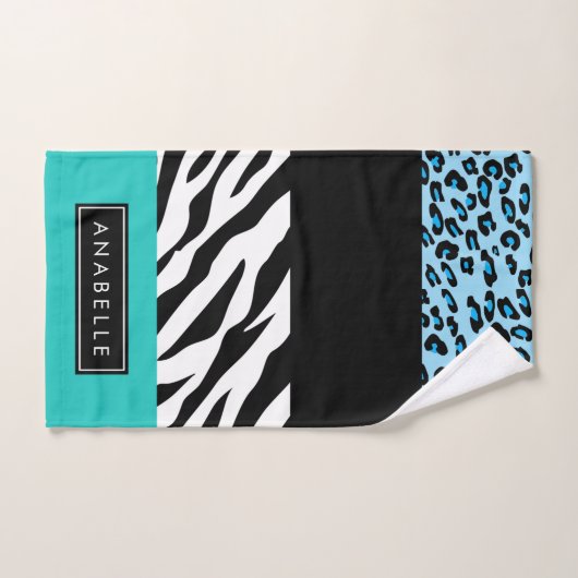 Leopard Print, Zebra Print, Blau, Ihr Name Badhandtuch Set (Handtuch)