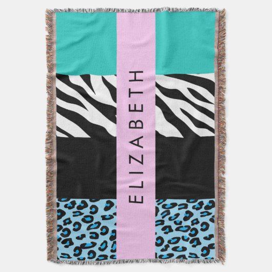 Leopard Print, Zebra Print, Blau, Ihr Name Decke (Vorderseite Vertikal)