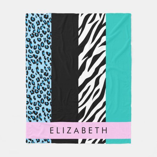 Leopard Print, Zebra Print, Blau, Ihr Name Fleecedecke (Vorderseite)