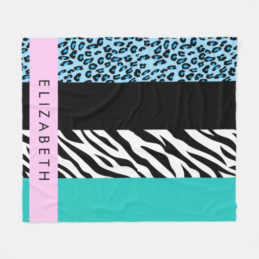 Leopard Print, Zebra Print, Blau, Ihr Name Fleecedecke (Vorderseite (Horizontal))