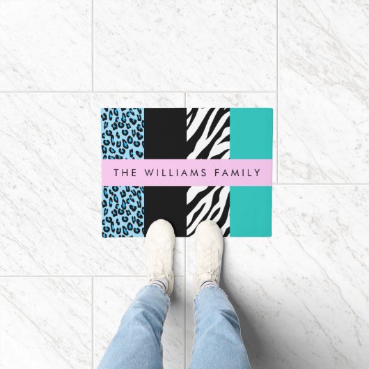 Leopard Print, Zebra Print, Blau, Ihr Name Fußmatte (Indoor)