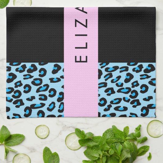 Leopard Print, Zebra Print, Blau, Ihr Name Geschirrtuch (Gefaltet)