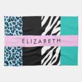 Leopard Print, Zebra Print, Blau, Ihr Name Geschirrtuch (Horizontal)