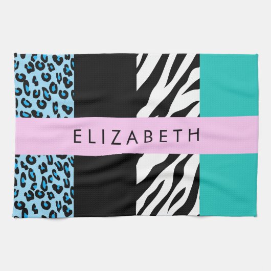 Leopard Print, Zebra Print, Blau, Ihr Name Geschirrtuch (Horizontal)