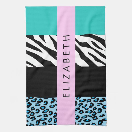 Leopard Print, Zebra Print, Blau, Ihr Name Geschirrtuch (Vertikal)