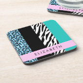 Leopard Print, Zebra Print, Blau, Ihr Name Getränkeuntersetzer (Linke Seite)