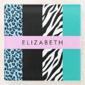 Leopard Print, Zebra Print, Blau, Ihr Name Glasuntersetzer (Vorderseite)