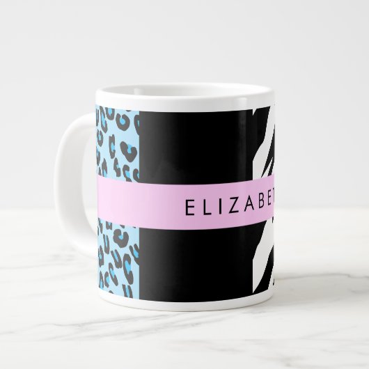 Leopard Print, Zebra Print, Blau, Ihr Name Jumbo-Tasse (Vorderseite Links)