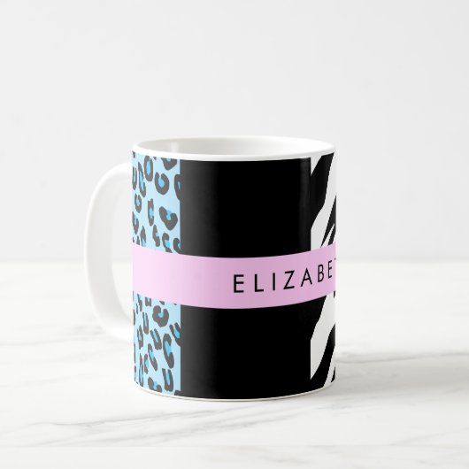 Leopard Print, Zebra Print, Blau, Ihr Name Kaffeetasse (Vorderseite Links)