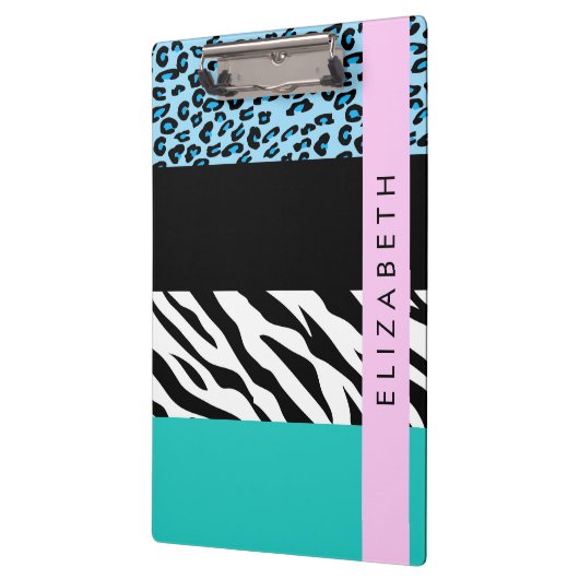 Leopard Print, Zebra Print, Blau, Ihr Name Klemmbrett (Links)