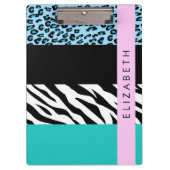 Leopard Print, Zebra Print, Blau, Ihr Name Klemmbrett (Vorderseite)