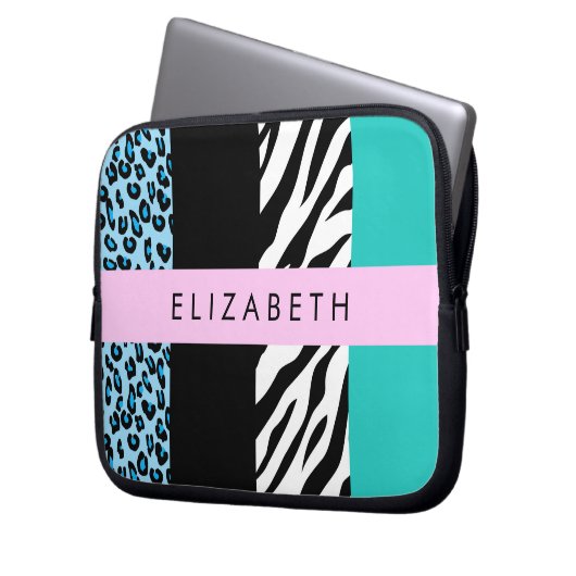 Leopard Print, Zebra Print, Blau, Ihr Name Laptopschutzhülle (Vorderseite Links)