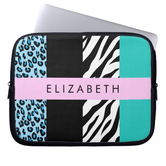 Leopard Print, Zebra Print, Blau, Ihr Name Laptopschutzhülle (Vorderseite)