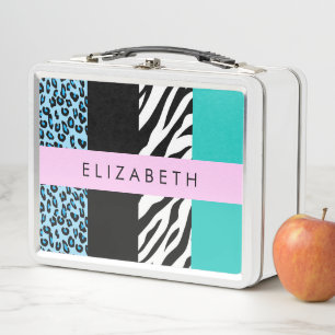 Leopard Print, Zebra Print, Blau, Ihr Name Metall Brotdose