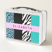 Leopard Print, Zebra Print, Blau, Ihr Name Metall Brotdose (Rückseite)