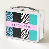Leopard Print, Zebra Print, Blau, Ihr Name Metall Brotdose (Vorderseite)