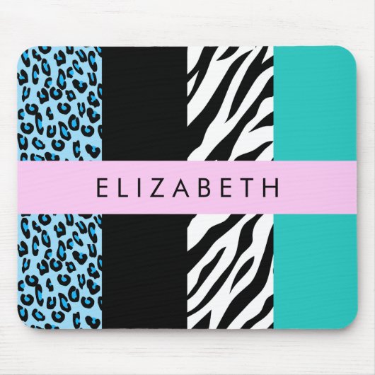 Leopard Print, Zebra Print, Blau, Ihr Name Mousepad (Vorne)