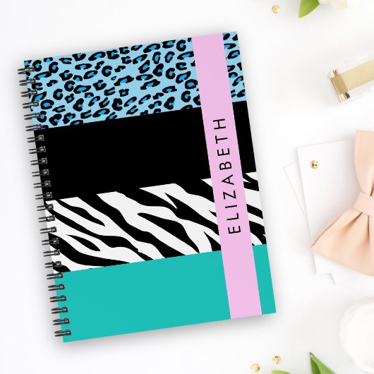 Leopard Print, Zebra Print, Blau, Ihr Name Notizblock