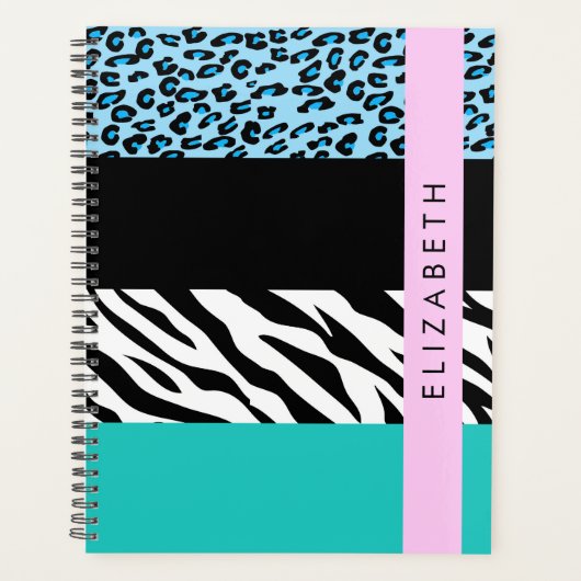 Leopard Print, Zebra Print, Blau, Ihr Name Planer (Vorderseite)