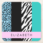 Leopard Print, Zebra Print, Blau, Ihr Name Rechteckiger Pappuntersetzer (Vorderseite)