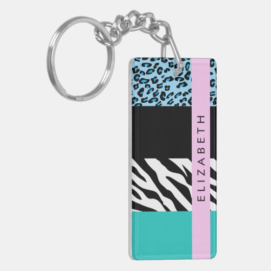 Leopard Print, Zebra Print, Blau, Ihr Name Schlüsselanhänger (Vorderseite links)