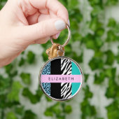 Leopard Print, Zebra Print, Blau, Ihr Name Schlüsselanhänger (Hand)