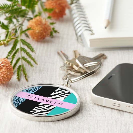 Leopard Print, Zebra Print, Blau, Ihr Name Schlüsselanhänger (Seite)