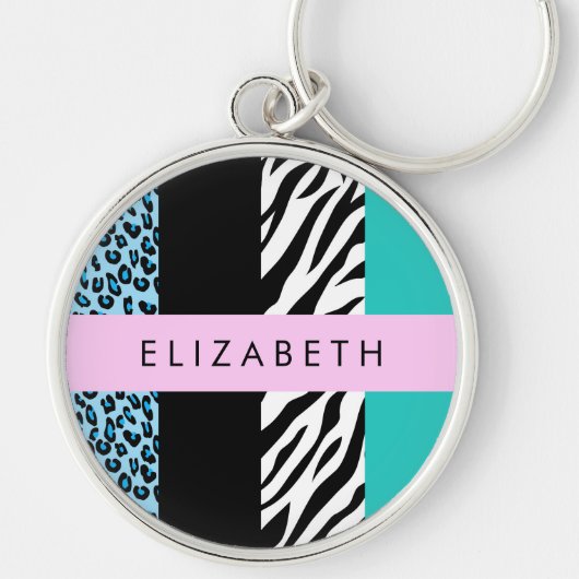 Leopard Print, Zebra Print, Blau, Ihr Name Schlüsselanhänger (Vorne)