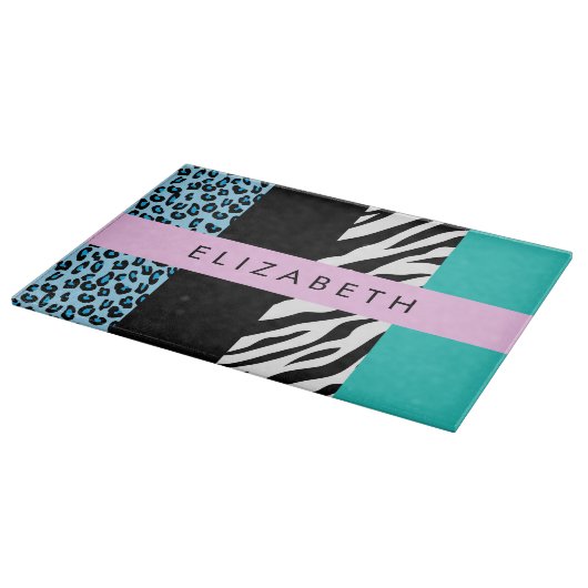Leopard Print, Zebra Print, Blau, Ihr Name Schneidebrett (Ecke)