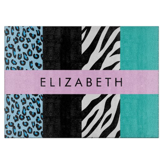 Leopard Print, Zebra Print, Blau, Ihr Name Schneidebrett (Vorderseite)