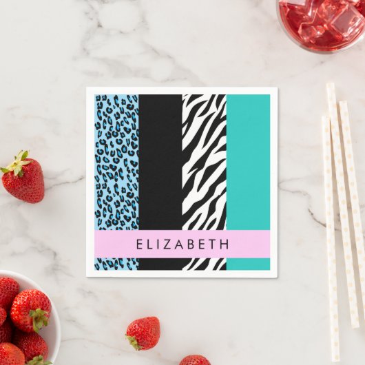 Leopard Print, Zebra Print, Blau, Ihr Name Serviette (Beispiel)
