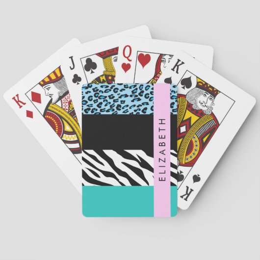 Leopard Print, Zebra Print, Blau, Ihr Name Spielkarten (Rückseite)