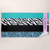 Leopard Print, Zebra Print, Blau, Ihr Name Strandtuch (Vorderseite)