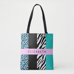 Leopard Print, Zebra Print, Blau, Ihr Name Tasche