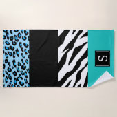Leopard Print, Zebra Print, Blau, Monogramm Strandtuch (Vorderseite)